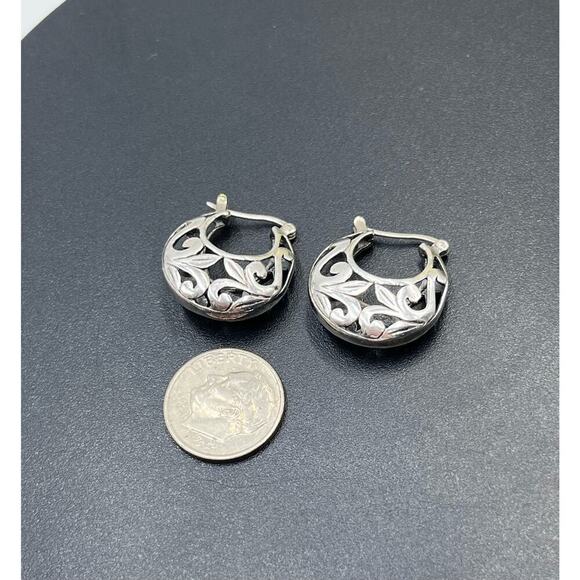 Vintage Sterling Silver Open Cutout Floral Filigree Scrolling Hoop Earrings - Picture 7 of 13